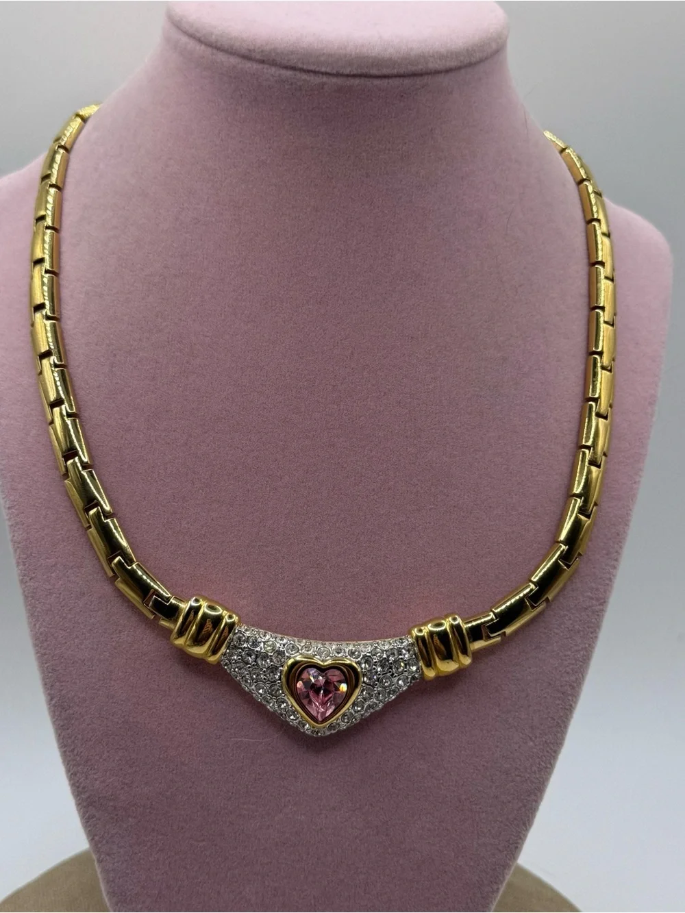 Vintage Nolan Miller Gold-Tone Necklace with pave Pink Heart Crystal Accent
